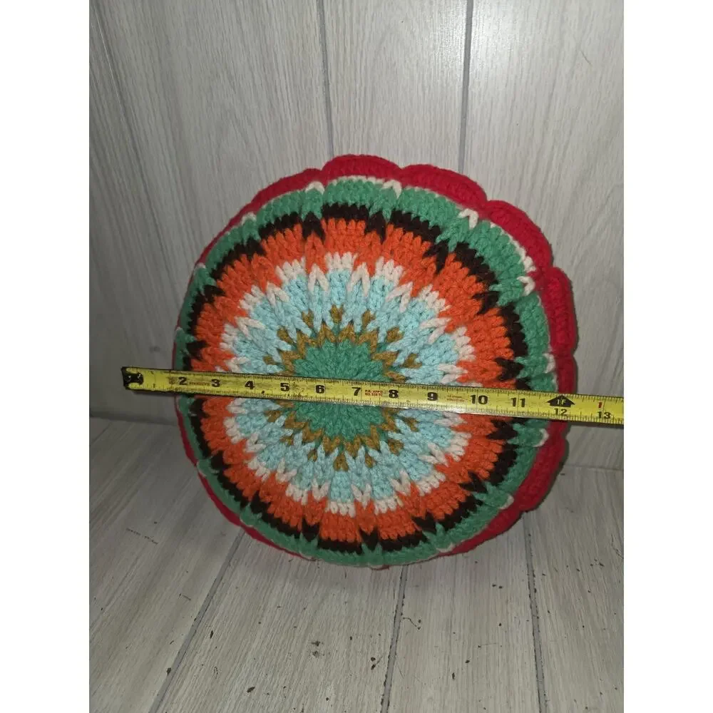 Vtg Hand Crochet Double Sided Scalloped Granny Round Muti Color Throw Pillow 11
